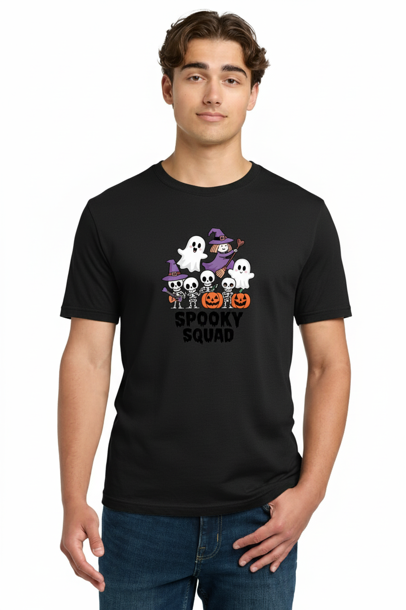 Spooky Squad T-Shirt - Cute Cartoon Ghosts, Skeletons, Witch & Pumpkins Halloween Tee