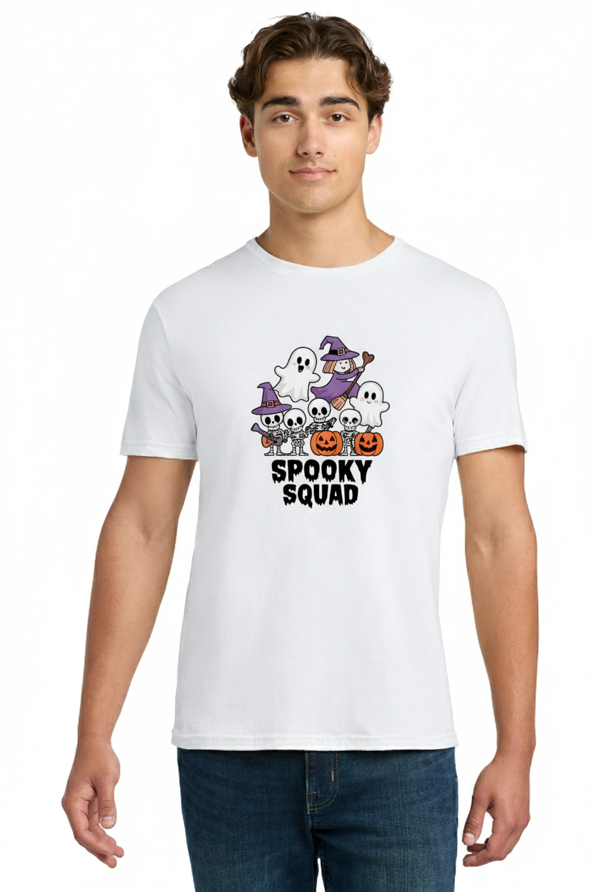 Spooky Squad T-Shirt - Cute Cartoon Ghosts, Skeletons, Witch & Pumpkins Halloween Tee