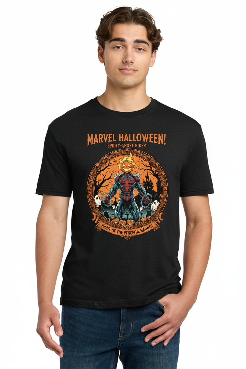The Official Marvel Halloween T-Shirt Featuring the Spidey-Ghost Rider Mashup with Flaming Pumpkin Head Tee