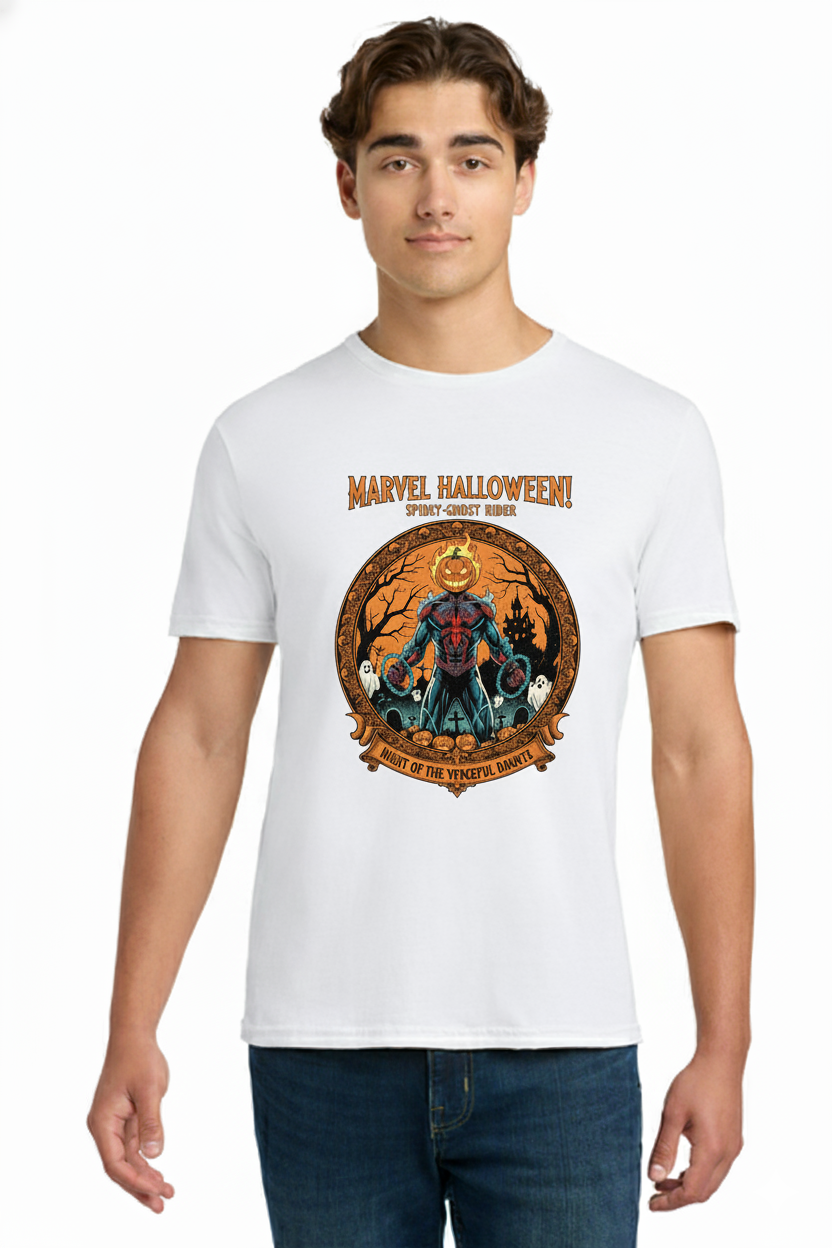 The Official Marvel Halloween T-Shirt Featuring the Spidey-Ghost Rider Mashup with Flaming Pumpkin Head Tee
