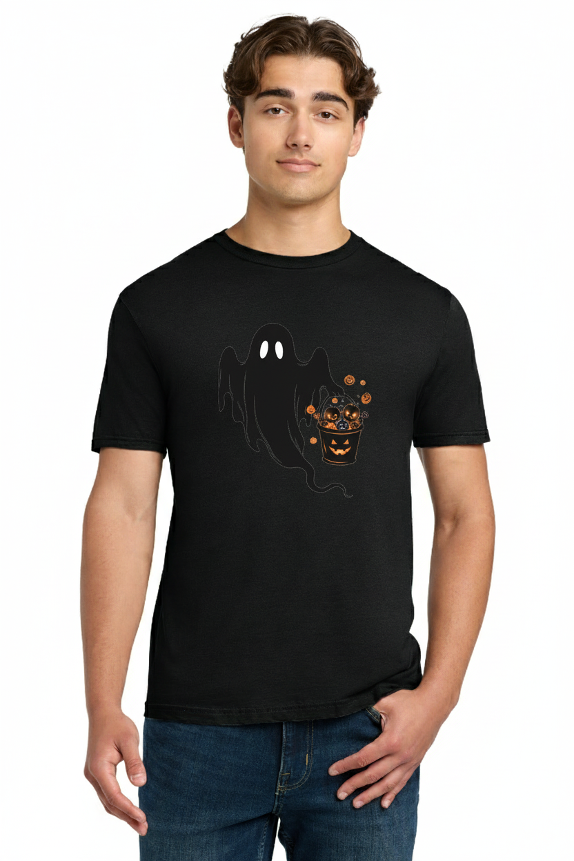 Trick-or-Treat Ghost T-Shirt - Spooky Floating Spirit with Pumpkin Candy Bucket Graphic Tee