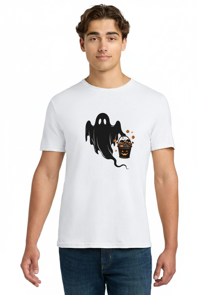 Trick-or-Treat Ghost T-Shirt - Spooky Floating Spirit with Pumpkin Candy Bucket Graphic Tee