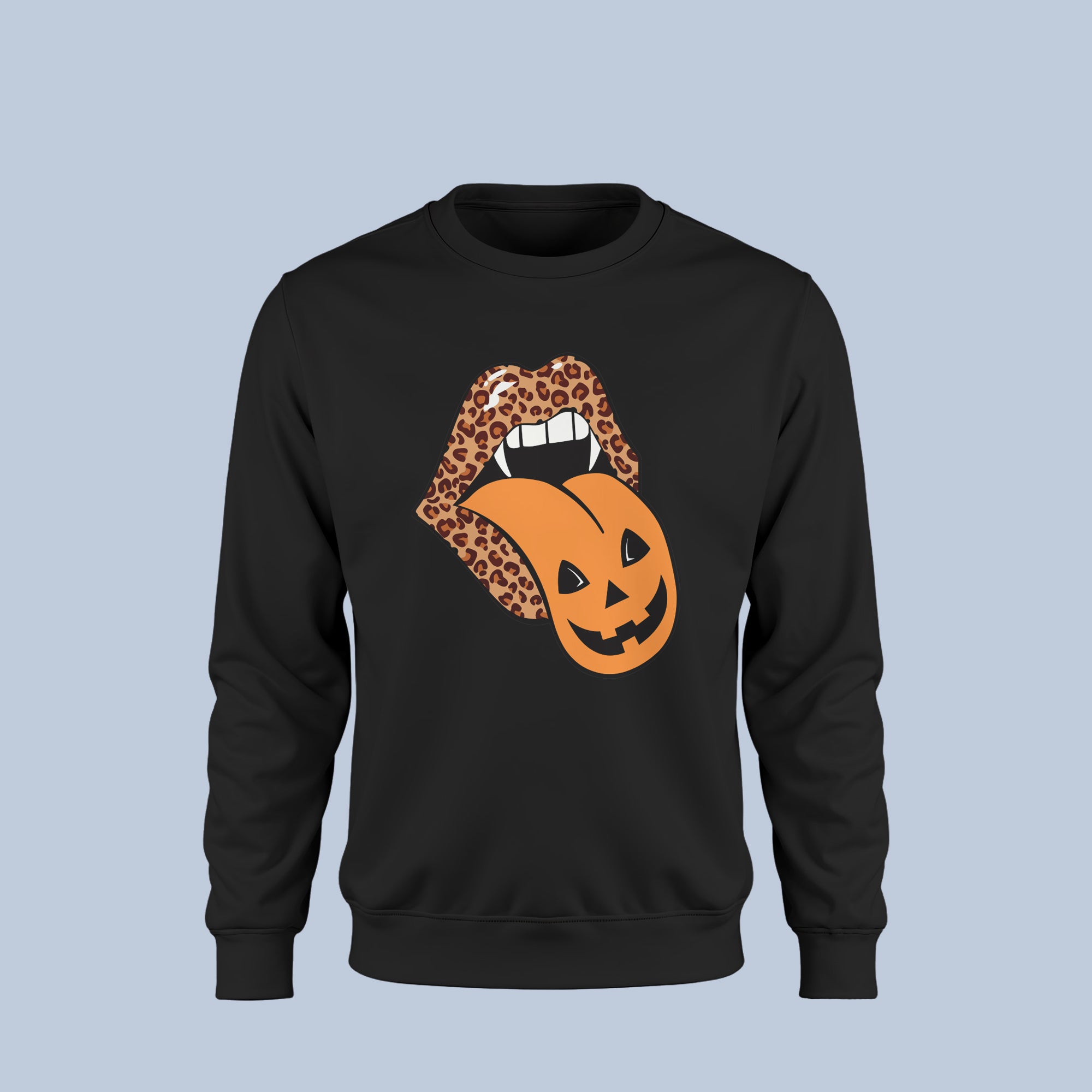 Leopard Lips Pumpkin Tongue Halloween Sweatshirt – Trendy Fall Graphic Crewneck for Women – Cute Spooky Lips Sweater