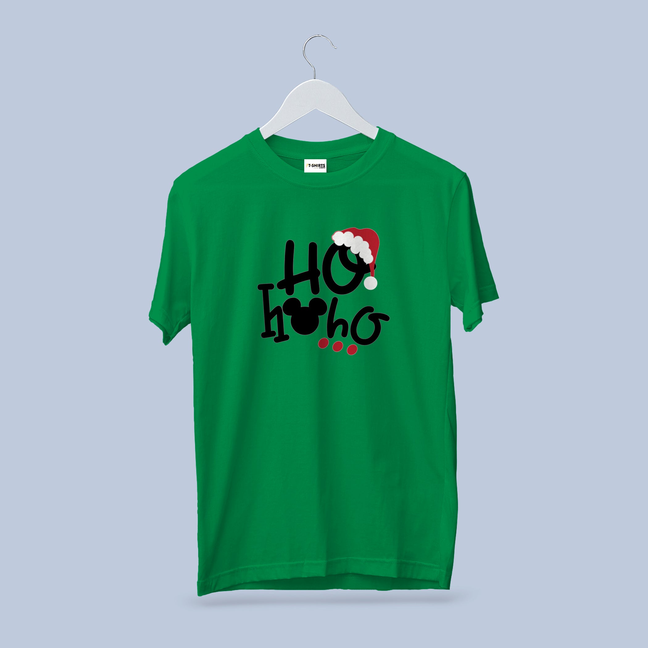 Ho Ho Ho Mouse Ears T-Shirt, Christmas Santa Hat Tee, Cherry Red Heavy Cotton Crewneck, Family Vacation Theme Park Gift