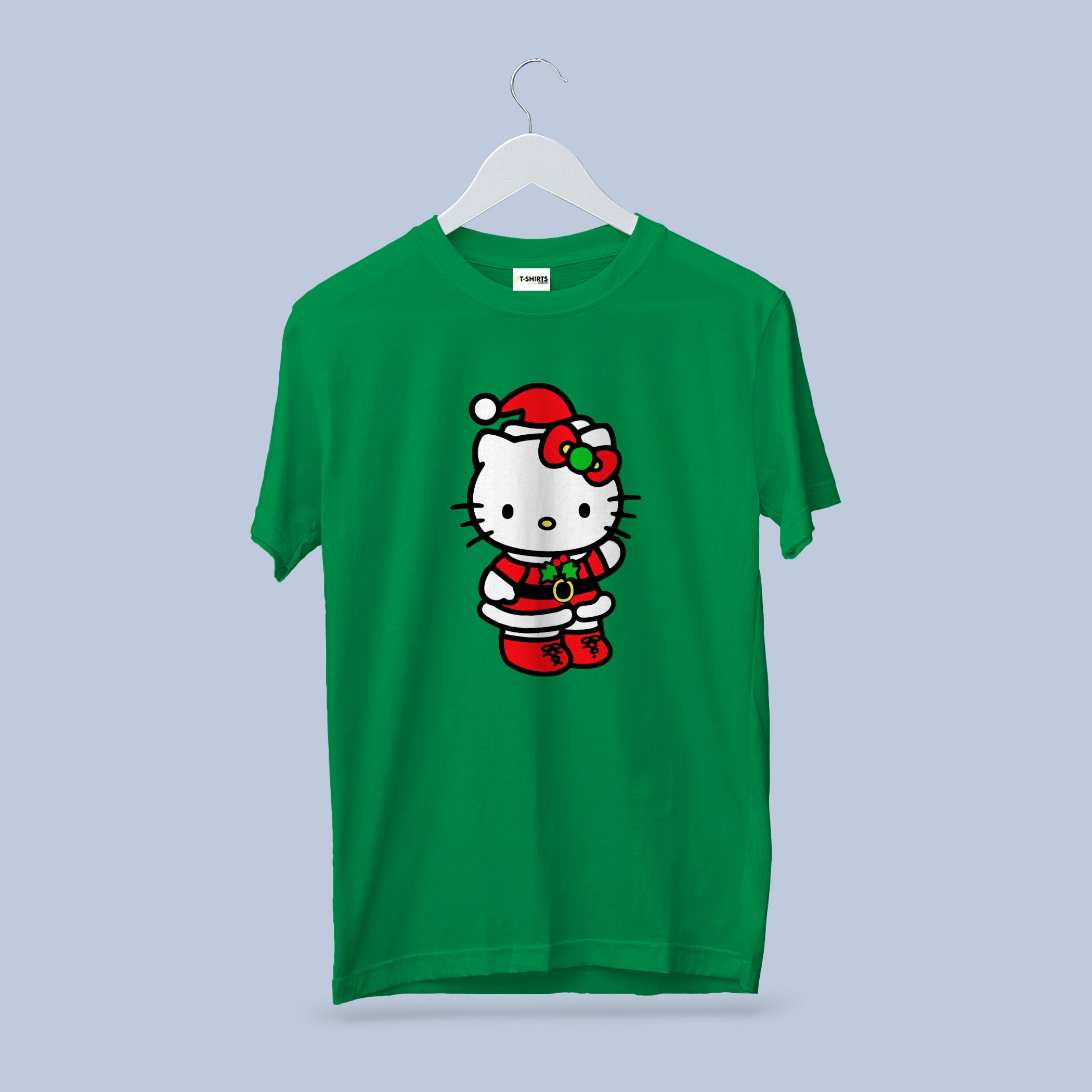 Hello Kitty Christmas T-Shirt, Cute Holiday Santa Outfit Tee, Cherry Red Heavy Cotton Crewneck, Cartoon Character Gift for Her