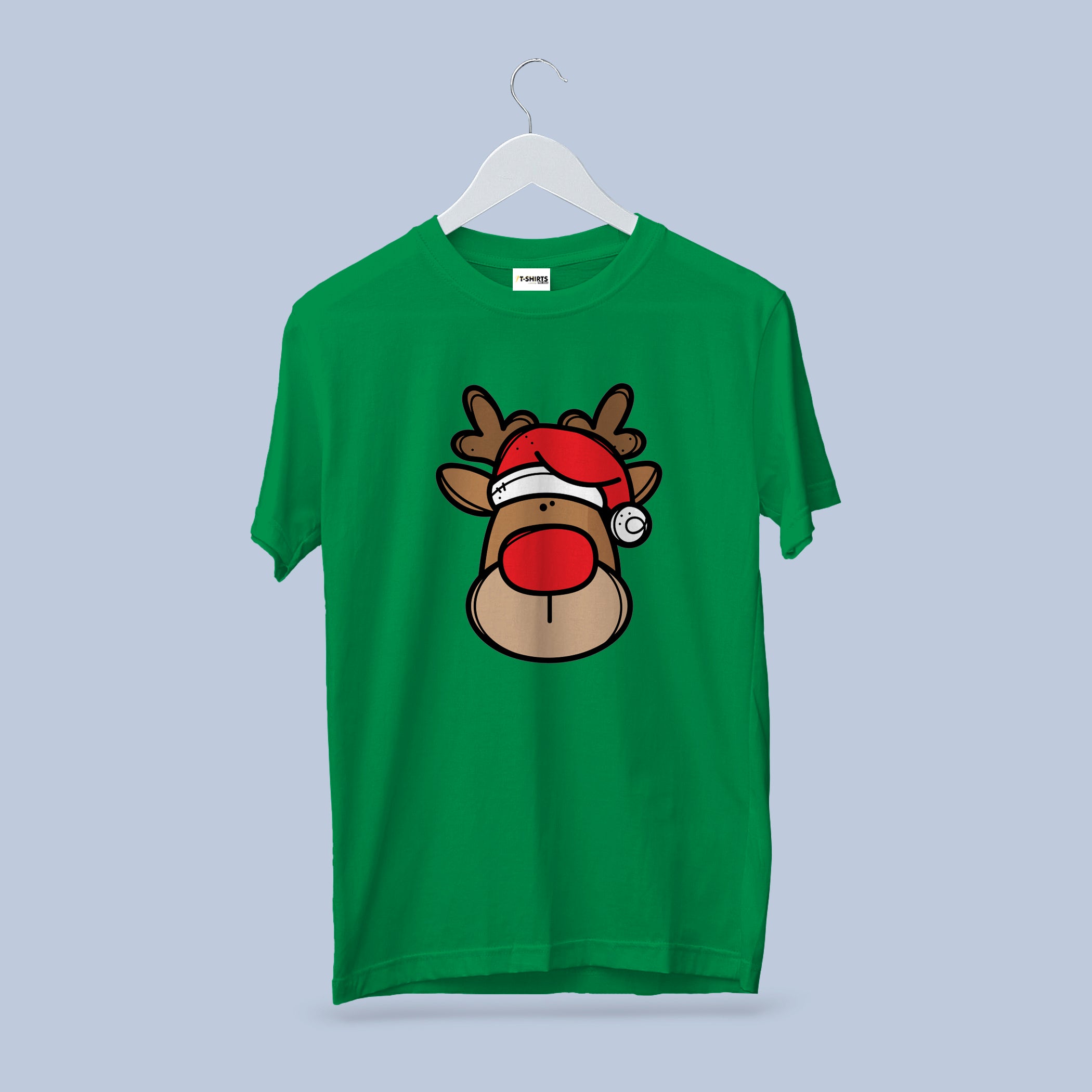 Cute Reindeer Christmas T-Shirt, Red Nose Santa Hat Tee, Cherry Red Heavy Cotton Crewneck, Festive Family Gift for Kids & Adults