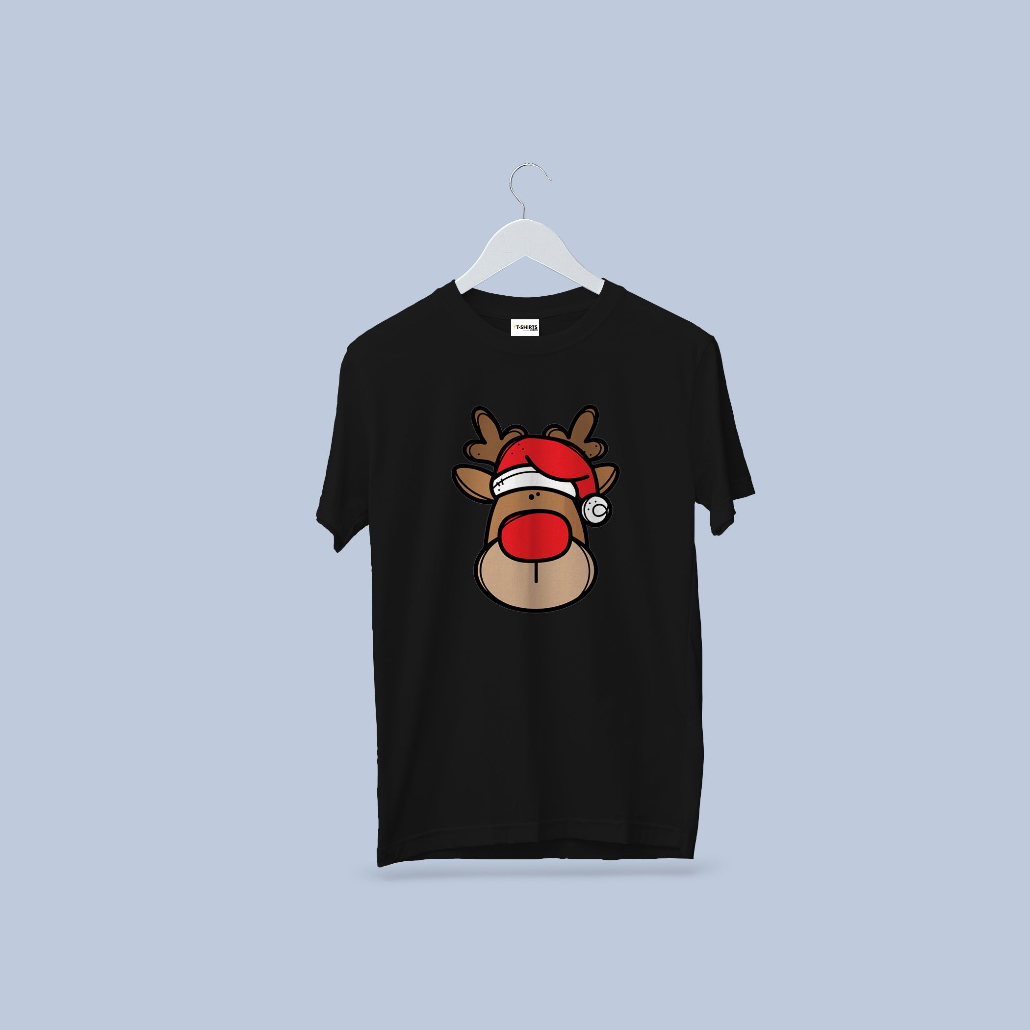 Cute Reindeer Christmas T-Shirt, Red Nose Santa Hat Tee, Cherry Red Heavy Cotton Crewneck, Festive Family Gift for Kids & Adults 3