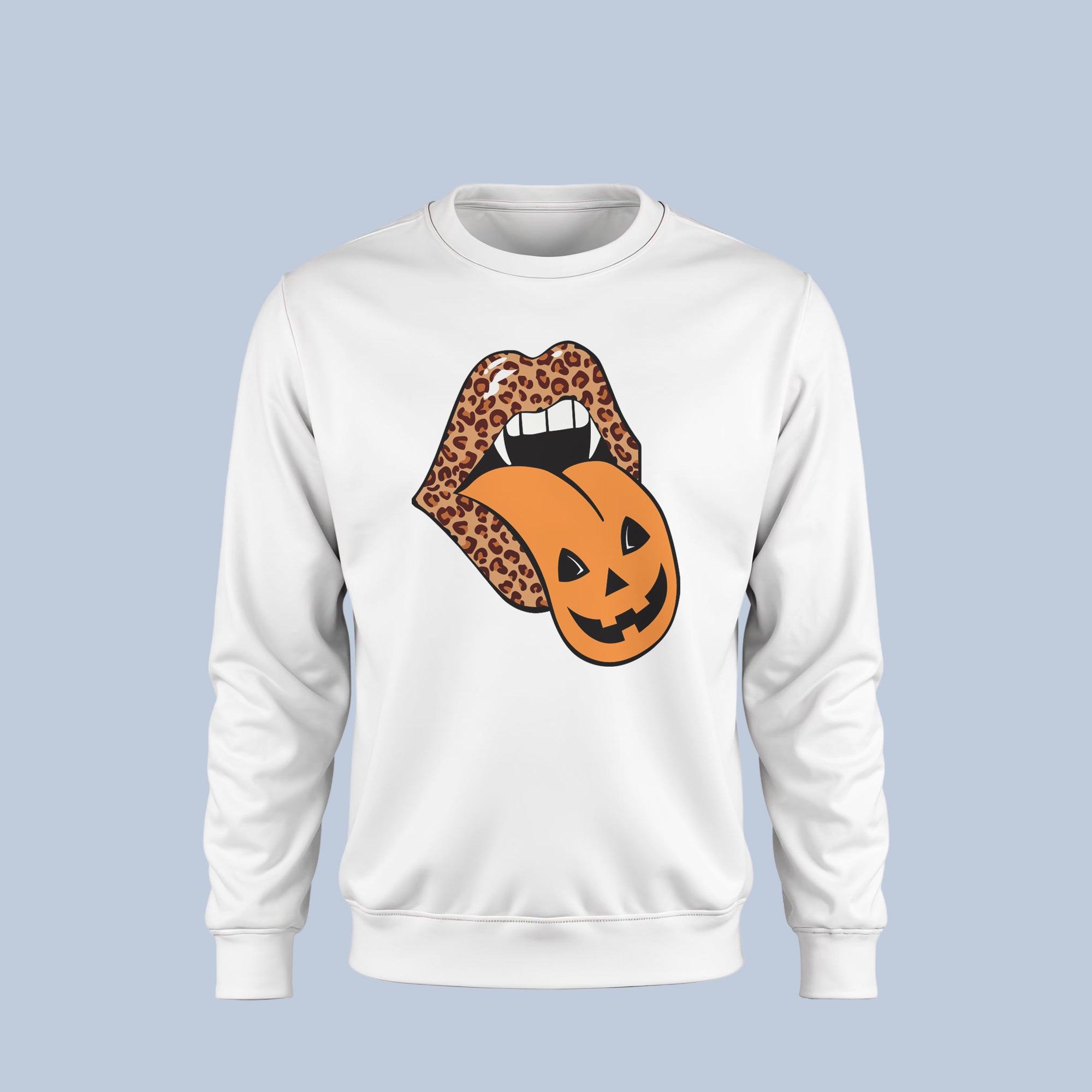 Leopard Lips Pumpkin Tongue Halloween Sweatshirt – Trendy Fall Graphic Crewneck for Women – Cute Spooky Lips Sweater